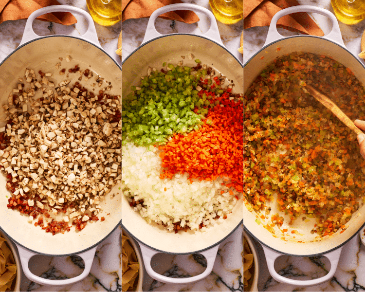 Three images of adding the mushrooms and veggies and cooking until softened.