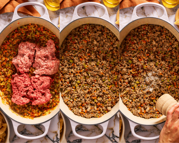 Three images side-by-side of adding the ground pork and cooking until no longer pink then adding the seasonings.