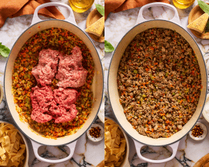 Side-by-side of adding the ground meats and cooking until no longer pink.