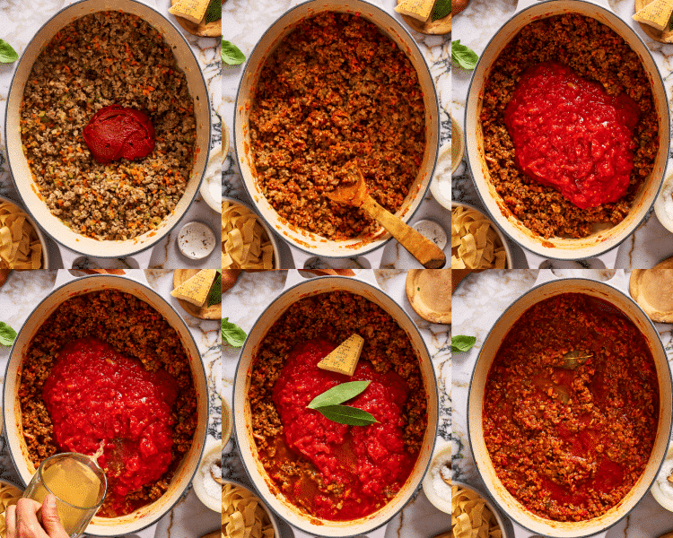 Six images showing how to add the sauce ingredients to the bolognese sauce in the dutch oven.