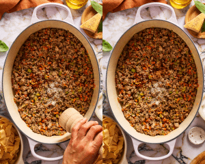 Side-by-side of seasoning cooked meats in dutch oven.