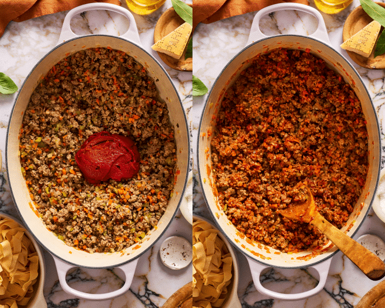 Side-by-side of adding tomato paste to cooked meats and letting cook for a few minutes.