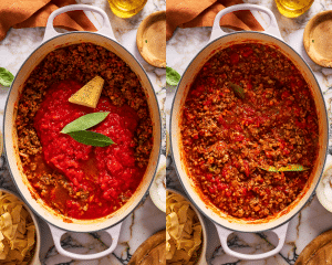 Side-by-side of adding parmesan rind and bay leaves bolognese sauce in dutch oven and letting simmer for 30 minutes.