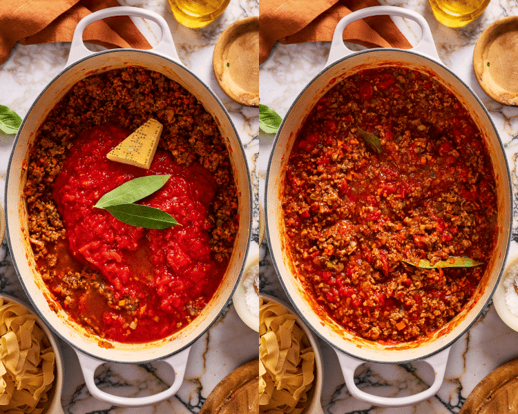 Side-by-side of adding parmesan rind and bay leaves bolognese sauce in dutch oven and letting simmer for 30 minutes.