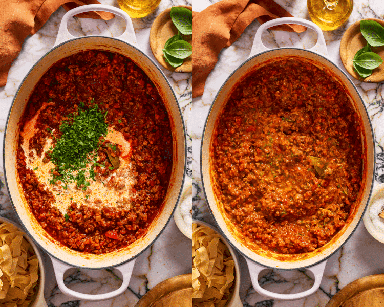 Side-by-side of adding finishing ingredients to finish the bolognese sauce.