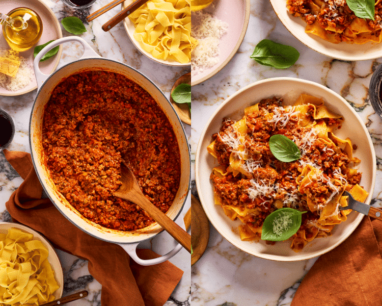 Side-by-side of pappardelle bolognese in a dutch oven then served over pasta in a bowl.