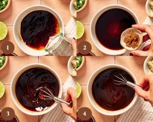Four-step collage showing the sauce for ground beef and noodles being combined with water and brown sugar, then whisked until smooth.
