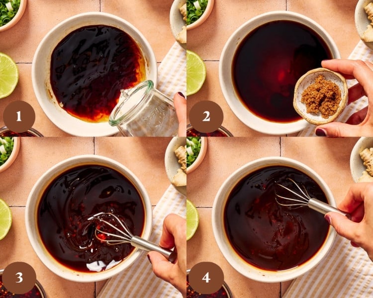 Four-step collage showing the sauce for ground beef and noodles being combined with water and brown sugar, then whisked until smooth.