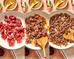 Three-step collage showing ground beef being added to a skillet, browned, and broken into crumbles.