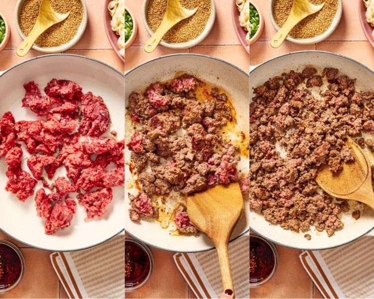 Three-step collage showing ground beef being added to a skillet, browned, and broken into crumbles.