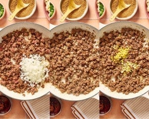 Three-step collage showing diced onion, minced garlic, and fresh ginger being added to browned ground beef in a skillet.