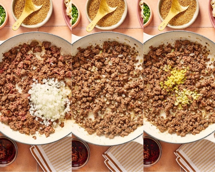 Three-step collage showing diced onion, minced garlic, and fresh ginger being added to browned ground beef in a skillet.
