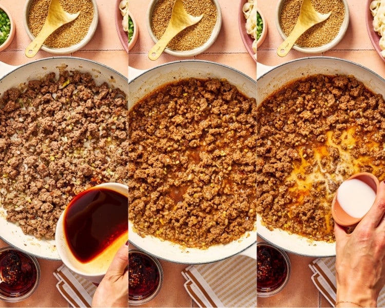 Three-step collage showing the prepared sauce added to the ground beef, simmered together, then thickened with a cornstarch slurry.