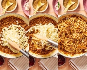 Three-step collage showing cooked noodles being added to the saucy ground beef and tossed until evenly coated.