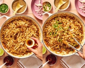Two-step collage showing sesame oil drizzled over the ground beef and noodles, followed by sliced green onions.