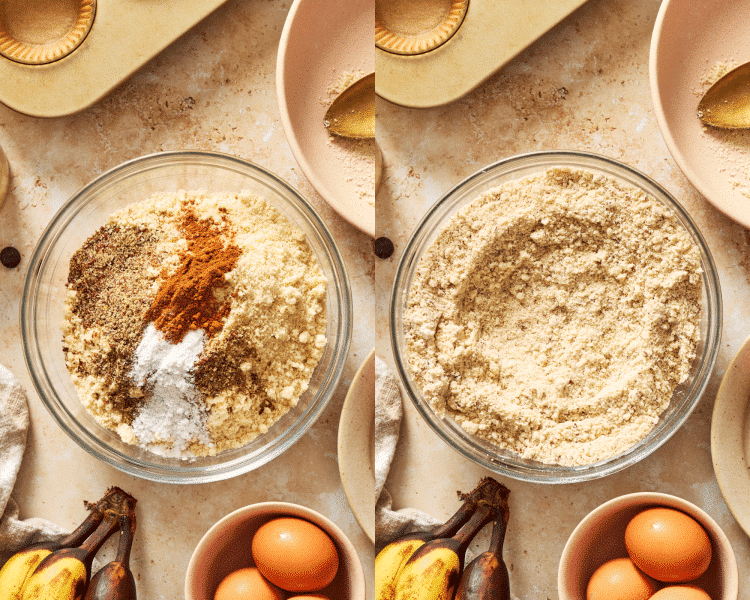 Side-by-side images of whisking the dry ingredients together in large mixing bowl.