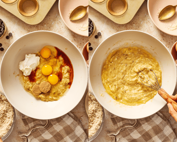 Two images side-by-side of mixing the wet ingredients together.