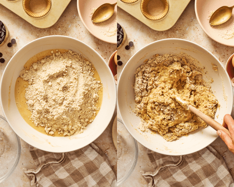 Side-by-side image of adding the dry ingredients to the wet and mixing to combine.