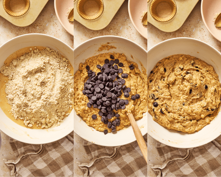 Three image side-by-side of mixing all the ingredients together to create the batter.