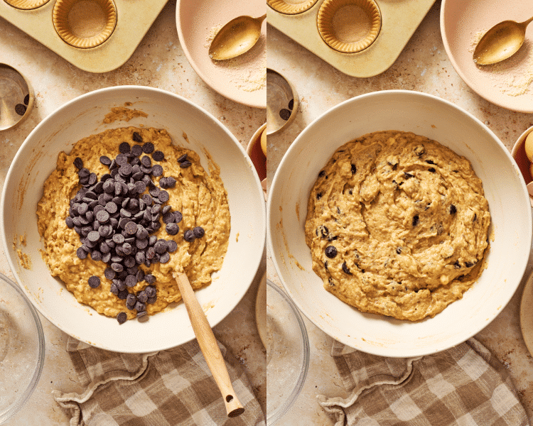 Side-by-side of adding the chocolate chips to the batter and mixing until combined.