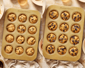 Side-by-side image of pouring muffin batter into prepared pan with muffin lines then sprinkling with extra chocolate chips and course sugar.