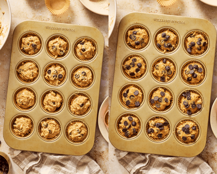 Side-by-side image of pouring muffin batter into prepared pan with muffin lines then sprinkling with extra chocolate chips and course sugar.
