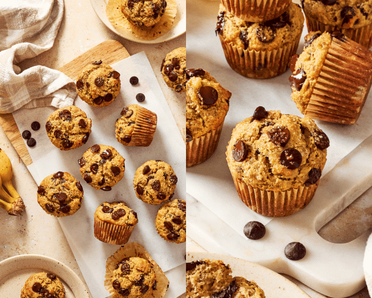 Side-by-side photo of almond flour muffins cooling then beside it an upclose photo of one muffin.