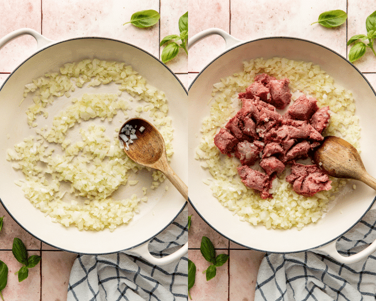 Side-by-side of browning the beef and onion in a large skillet.