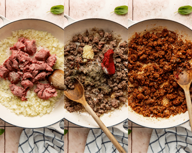 Three images side-by-side of browning the beef and onions in a large skillet then adding the sesonings.