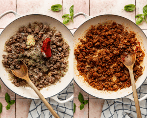 Side-by-side of adding seasonings and tomato paste to the browned ground beef.