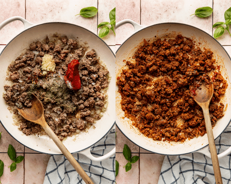 Side-by-side of adding seasonings and tomato paste to the browned ground beef.