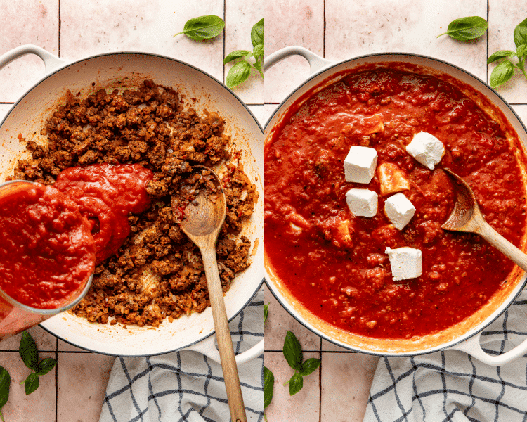 Side-by-side of adding the marinara sauce and cream cheese to ground beef mixture.