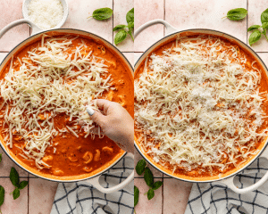 Side-by-side of sprinkling cheese on top of ground beef tortellini bake.