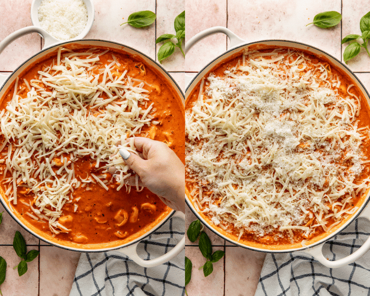 Side-by-side of sprinkling cheese on top of ground beef tortellini bake.