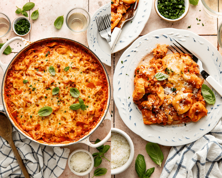 Side-by-side of beef tortellini baked in a large skillet then served on a plate with a fork.