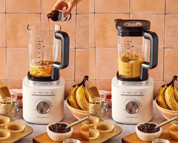 Side-by-side of adding all the wet ingredients to a blender and blending until completely smooth.
