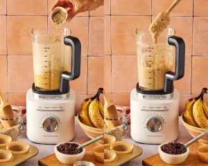 Side-by-side of adding dry ingredients to a blender then blending until just combined, being careful to not over-blend.