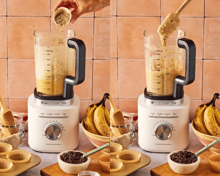 Side-by-side of adding dry ingredients to a blender then blending until just combined, being careful to not over-blend.