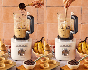 Side-by-side photo of adding chocolate chips to blender and folding in with rubber spatula.