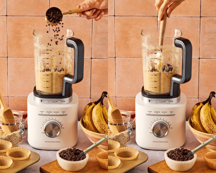 Side-by-side photo of adding chocolate chips to blender and folding in with rubber spatula.