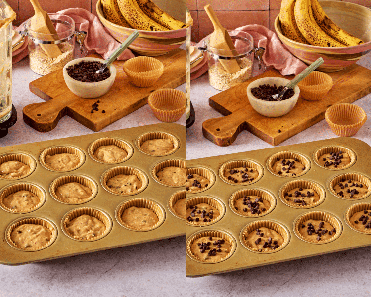 Side-by-side image of pouring muffin batter evenly into muffin tin then sprinkling more chocolate chips on top.