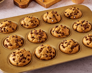 Blender banana muffins baked in muffin tin.
