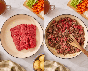 Side-by-side of browning the ground beef.