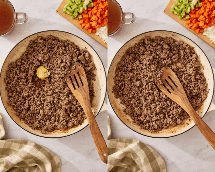 Side-by-side image of adding the seasonings to cooked beef.