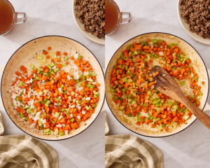 Side-by-side of adding the onion, celery and carrots to the pot and cooking.