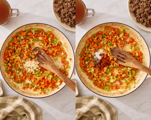 Side-by-side image of adding the garlic and seasonings to cooked vegetables.