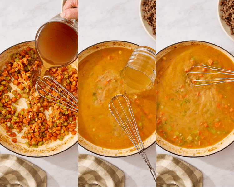 Three images side-by-side of adding the chicken and beef broth.