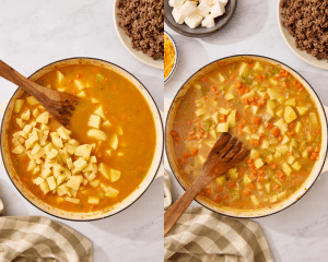 Side-by-side of adding potatoes and letting them cook for 15 minutes or until soft.