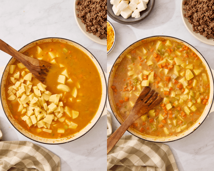 Side-by-side of adding potatoes and letting them cook for 15 minutes or until soft.