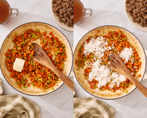 Side-by-side of adding butter and flour to cooked veggies.